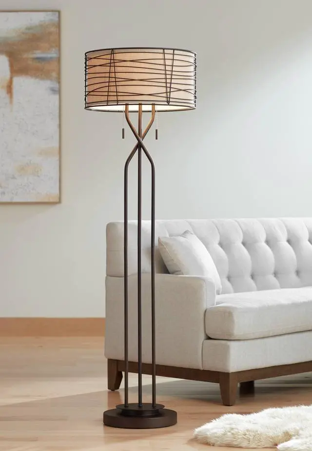 Main image of Marlowe Industrial Rustic Farmhouse Floor Lamp Standing 60 1/2" Tall Bronze Woven Iron Metal Burlap Fabric Double Drum Shade for Living Room Reading Bedroom Office House Home