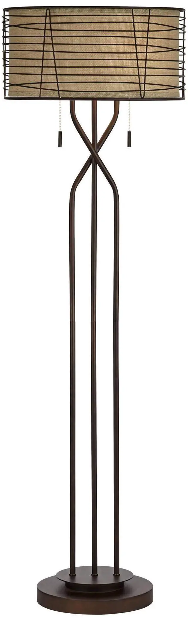 Alt view image 2 of 6 - Marlowe Industrial Rustic Farmhouse Floor Lamp Standing 60 1/2" Tall Bronze Woven Iron Metal Burlap Fabric Double Drum Shade for Living Room Reading Bedroom Office House Home