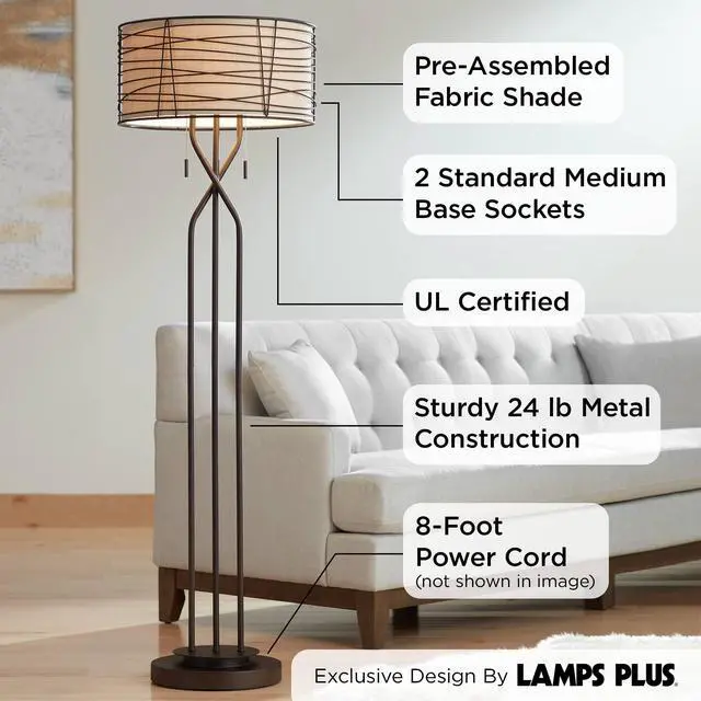 Alt view image 3 of 6 - Marlowe Industrial Rustic Farmhouse Floor Lamp Standing 60 1/2" Tall Bronze Woven Iron Metal Burlap Fabric Double Drum Shade for Living Room Reading Bedroom Office House Home