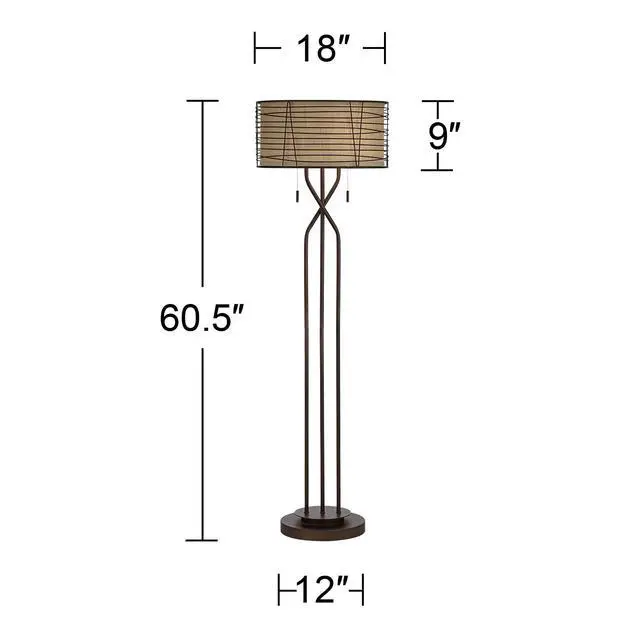 Alt view image 4 of 6 - Marlowe Industrial Rustic Farmhouse Floor Lamp Standing 60 1/2" Tall Bronze Woven Iron Metal Burlap Fabric Double Drum Shade for Living Room Reading Bedroom Office House Home