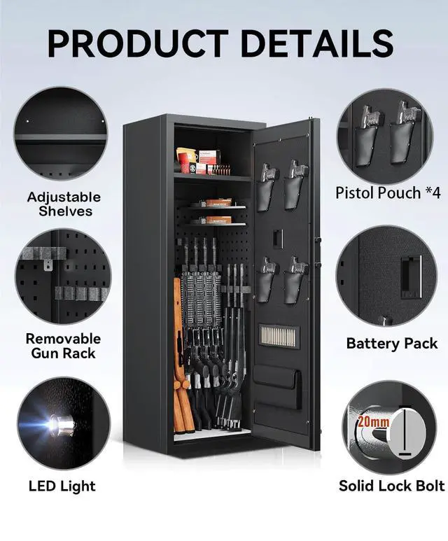 Alt view image 4 of 6 - 12-15 Gun Safe, Gun Safe for Rifles and Pistols, Biometric Rifle Safe, Gun Cabinet with Adjustable Racks, Gun Safes for Rifles Storage for Living Room, Bedroom, Utility Room, Garage