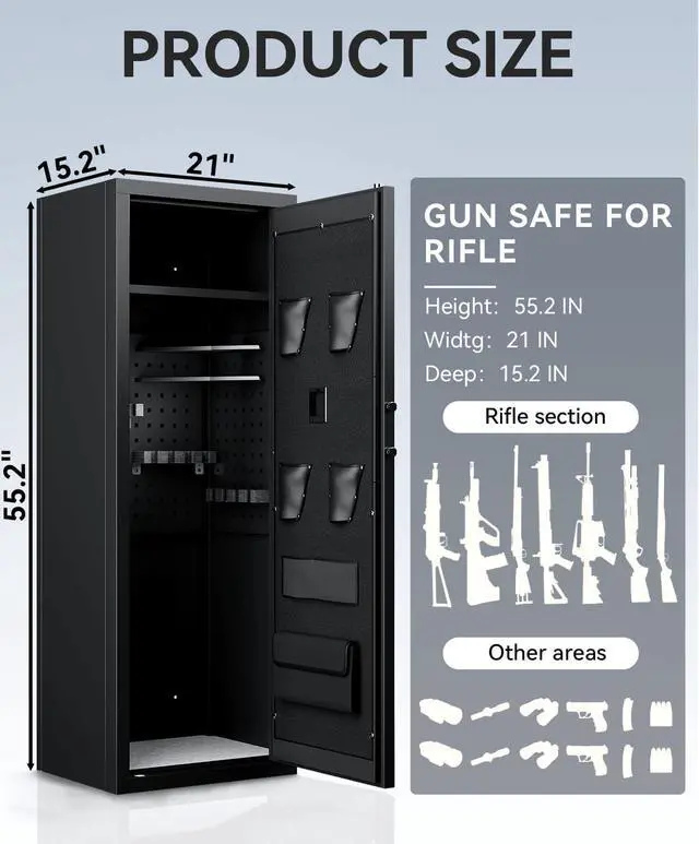 Alt view image 5 of 6 - 12-15 Gun Safe, Gun Safe for Rifles and Pistols, Biometric Rifle Safe, Gun Cabinet with Adjustable Racks, Gun Safes for Rifles Storage for Living Room, Bedroom, Utility Room, Garage