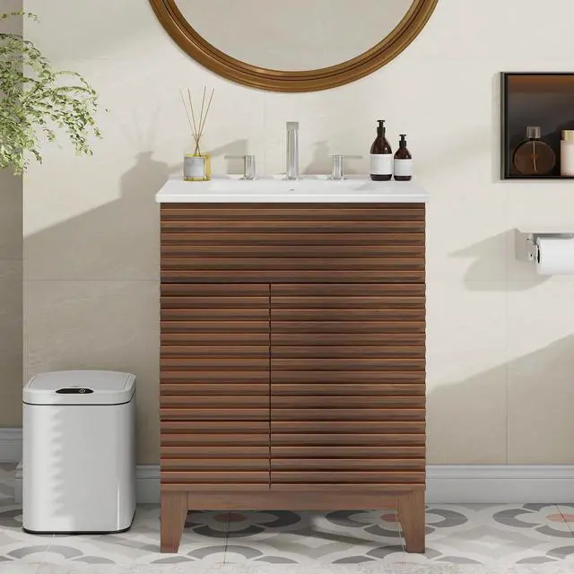 Main image of Bathroom Vanity with Sink Combo, Mid-Century Bathroom Cabinet with 3 Storage Drawers, Freestanding Storage Cabinet with Soft Closing Door, Vintage Sink Vanity with Wood Grain Laminate, Walnut