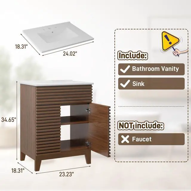 Alt view image 2 of 6 - Bathroom Vanity with Sink Combo, Mid-Century Bathroom Cabinet with 3 Storage Drawers, Freestanding Storage Cabinet with Soft Closing Door, Vintage Sink Vanity with Wood Grain Laminate, Walnut
