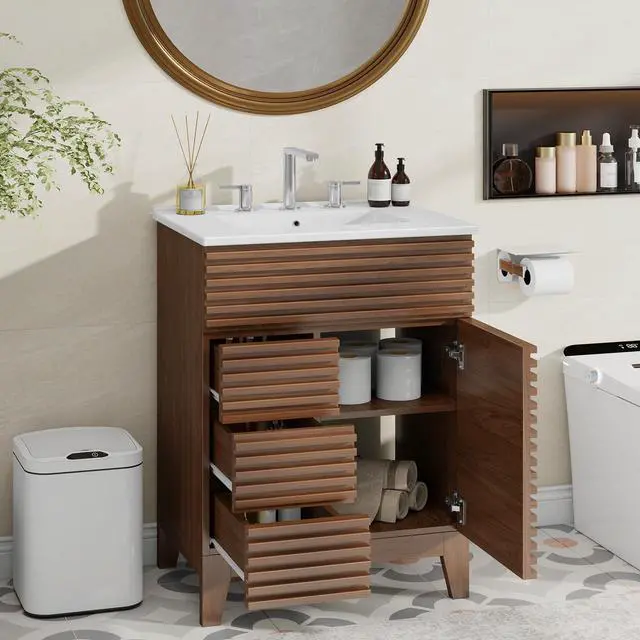Alt view image 3 of 6 - Bathroom Vanity with Sink Combo, Mid-Century Bathroom Cabinet with 3 Storage Drawers, Freestanding Storage Cabinet with Soft Closing Door, Vintage Sink Vanity with Wood Grain Laminate, Walnut