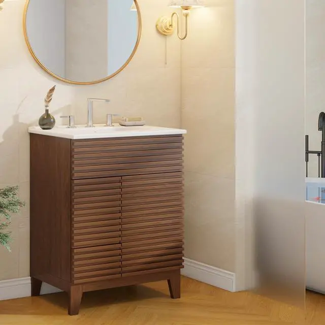 Alt view image 4 of 6 - Bathroom Vanity with Sink Combo, Mid-Century Bathroom Cabinet with 3 Storage Drawers, Freestanding Storage Cabinet with Soft Closing Door, Vintage Sink Vanity with Wood Grain Laminate, Walnut