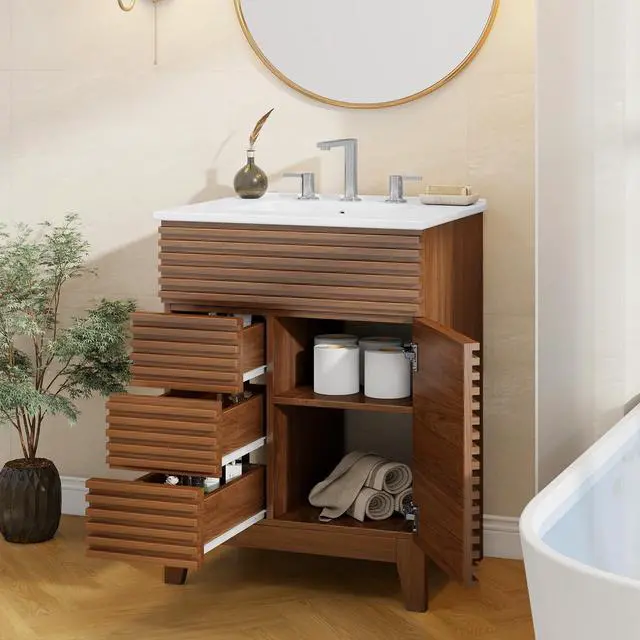 Alt view image 5 of 6 - Bathroom Vanity with Sink Combo, Mid-Century Bathroom Cabinet with 3 Storage Drawers, Freestanding Storage Cabinet with Soft Closing Door, Vintage Sink Vanity with Wood Grain Laminate, Walnut