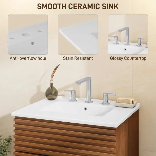 Alt view image 6 of 6 - Bathroom Vanity with Sink Combo, Mid-Century Bathroom Cabinet with 3 Storage Drawers, Freestanding Storage Cabinet with Soft Closing Door, Vintage Sink Vanity with Wood Grain Laminate, Walnut