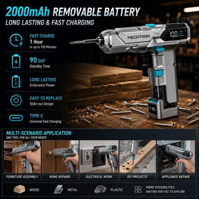 Alt view image 6 of 6 - 8V 2-Speed Mecha Hammer Drill, Ergonomic Handheld USB-C Gift (G007S-PRO) | Ergonomic streamlined mecha handle, aluminum dual-speed, 2000mAh USB-C fast charge, lightweight power drill gift for men