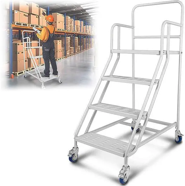 Main image of 4-Step Rolling Ladder with Wheels, 445 lb Capacity Mobile Steel Stairs with Step-On Wheel Locks, Handrails and Raised Step Edges for Warehouse, Garage and Library, White