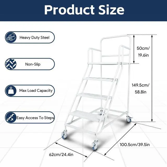 Alt view image 2 of 6 - 4-Step Rolling Ladder with Wheels, 445 lb Capacity Mobile Steel Stairs with Step-On Wheel Locks, Handrails and Raised Step Edges for Warehouse, Garage and Library, White