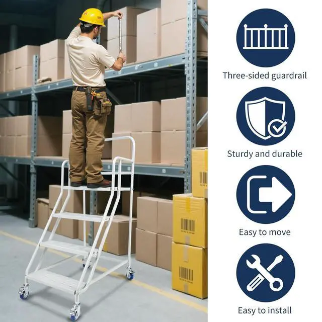 Alt view image 4 of 6 - 4-Step Rolling Ladder with Wheels, 445 lb Capacity Mobile Steel Stairs with Step-On Wheel Locks, Handrails and Raised Step Edges for Warehouse, Garage and Library, White