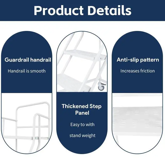 Alt view image 5 of 6 - 4-Step Rolling Ladder with Wheels, 445 lb Capacity Mobile Steel Stairs with Step-On Wheel Locks, Handrails and Raised Step Edges for Warehouse, Garage and Library, White