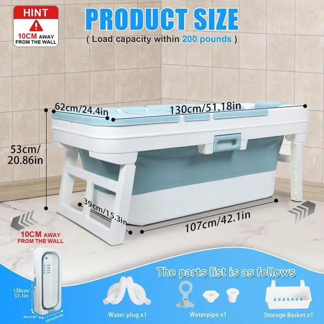 Alt view image 2 of 6 - Portable Bathtub, 58/56/50/46 Inch Collapsible Bathtub, Freestanding Foldable for Adults, Folding Tub for Shower, Hot Bath, Ice Bath (Blue-C-130cm)