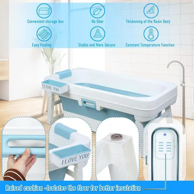 Alt view image 3 of 6 - Portable Bathtub, 58/56/50/46 Inch Collapsible Bathtub, Freestanding Foldable for Adults, Folding Tub for Shower, Hot Bath, Ice Bath (Blue-C-130cm)