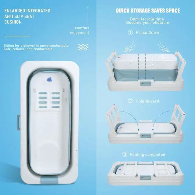 Alt view image 4 of 6 - Portable Bathtub, 58/56/50/46 Inch Collapsible Bathtub, Freestanding Foldable for Adults, Folding Tub for Shower, Hot Bath, Ice Bath (Blue-C-130cm)