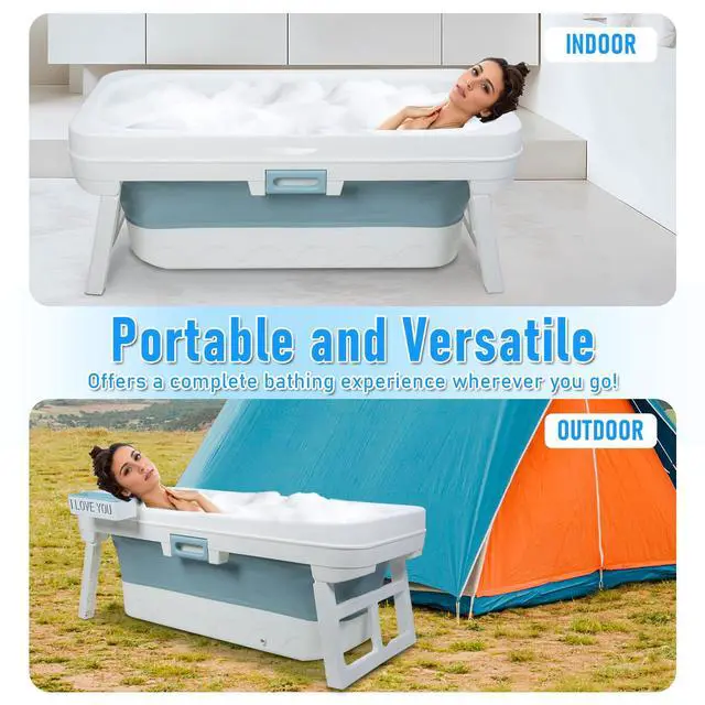 Alt view image 6 of 6 - Portable Bathtub, 58/56/50/46 Inch Collapsible Bathtub, Freestanding Foldable for Adults, Folding Tub for Shower, Hot Bath, Ice Bath (Blue-C-130cm)