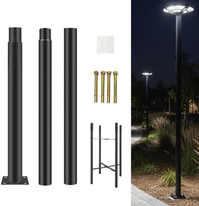 Main image of 10ft Outdoor Street Light Pole, 3-Inch OD Heavy Duty Galvanized Steel Lamp Post, Ground Mount Light Pole with 0.2" Thick Flange Base, Hardware for Concrete & Soil Included, Black