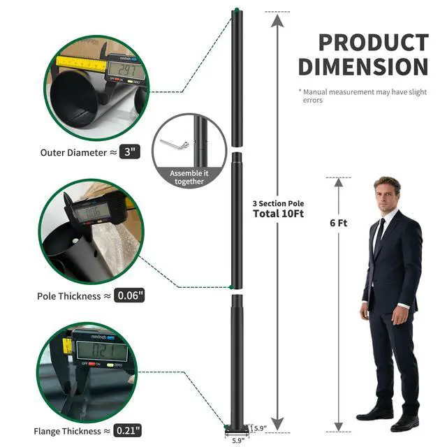 Alt view image 3 of 6 - 10ft Outdoor Street Light Pole, 3-Inch OD Heavy Duty Galvanized Steel Lamp Post, Ground Mount Light Pole with 0.2" Thick Flange Base, Hardware for Concrete & Soil Included, Black