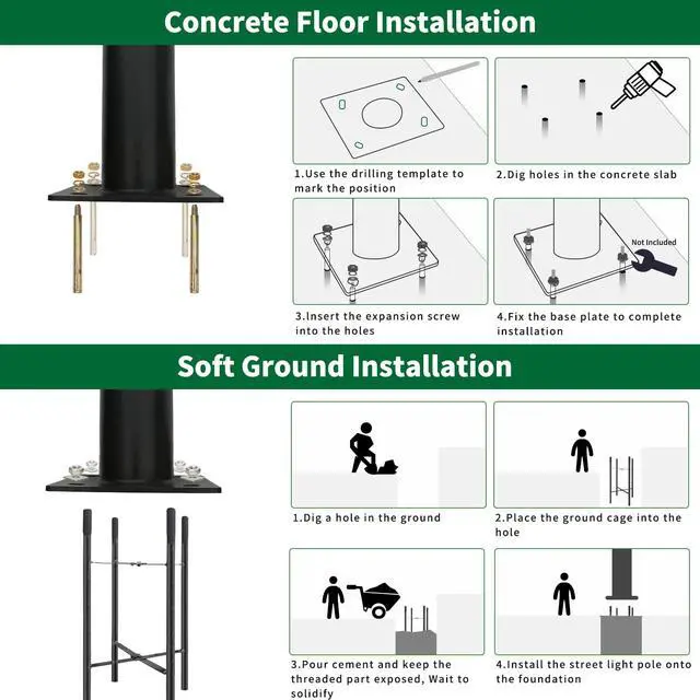 Alt view image 4 of 6 - 10ft Outdoor Street Light Pole, 3-Inch OD Heavy Duty Galvanized Steel Lamp Post, Ground Mount Light Pole with 0.2" Thick Flange Base, Hardware for Concrete & Soil Included, Black