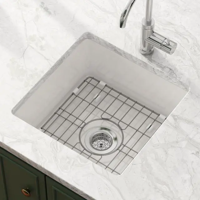 Main image of Drop in Kitchen Sink, 18" x 18" Undermount Kitchen Sink 18 Inch Wet Bar Sink, Prep Sink Topmount Dual Mount Square Fireclay Deep Single Bowl with Bottom Grid and Strainer Drain