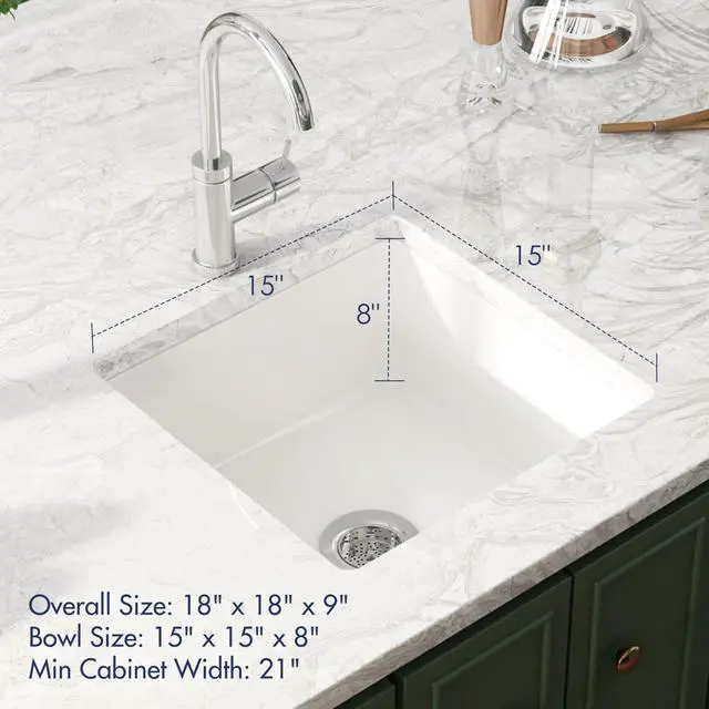Alt view image 3 of 6 - Drop in Kitchen Sink, 18" x 18" Undermount Kitchen Sink 18 Inch Wet Bar Sink, Prep Sink Topmount Dual Mount Square Fireclay Deep Single Bowl with Bottom Grid and Strainer Drain