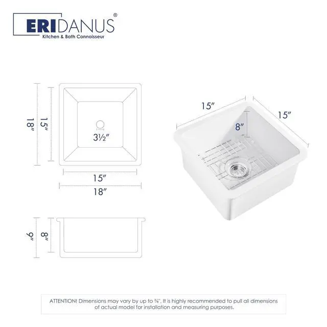 Alt view image 4 of 6 - Drop in Kitchen Sink, 18" x 18" Undermount Kitchen Sink 18 Inch Wet Bar Sink, Prep Sink Topmount Dual Mount Square Fireclay Deep Single Bowl with Bottom Grid and Strainer Drain