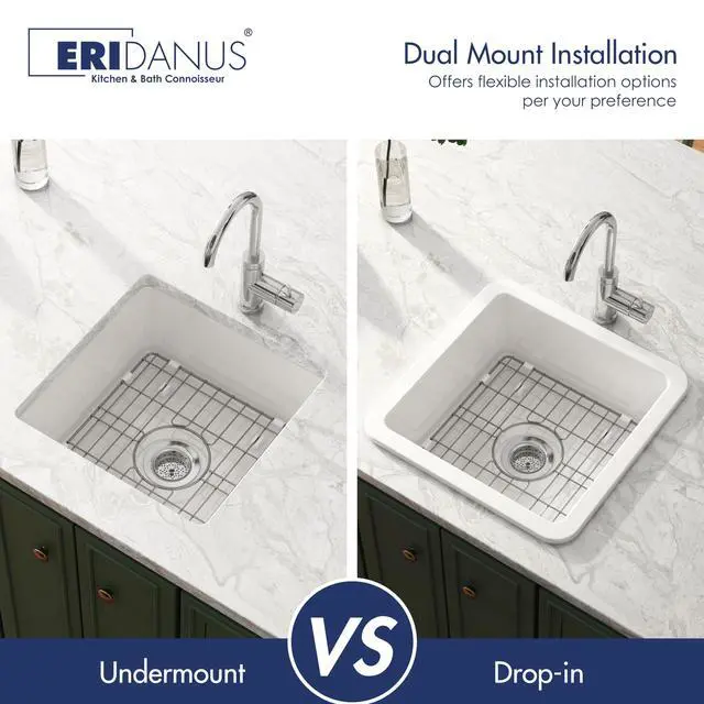 Alt view image 5 of 6 - Drop in Kitchen Sink, 18" x 18" Undermount Kitchen Sink 18 Inch Wet Bar Sink, Prep Sink Topmount Dual Mount Square Fireclay Deep Single Bowl with Bottom Grid and Strainer Drain