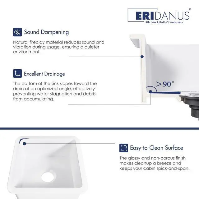Alt view image 6 of 6 - Drop in Kitchen Sink, 18" x 18" Undermount Kitchen Sink 18 Inch Wet Bar Sink, Prep Sink Topmount Dual Mount Square Fireclay Deep Single Bowl with Bottom Grid and Strainer Drain