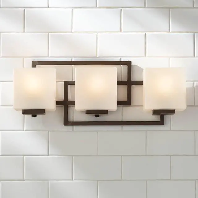 Main image of Lighting on the Square Modern Wall Mount Light Bronze Metal Hardwired 21" Wide 3-Light Fixture Geometric Opal Glass Shades for Bathroom Vanity Mirror House Home Room Decor