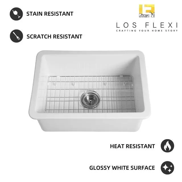 Alt view image 2 of 6 - 27 Inch Undermount Kitchen Sink White, 27L×19W Dual Mount Single Bowl Fireclay Kitchen Sinks With Grid And Strainer Drain