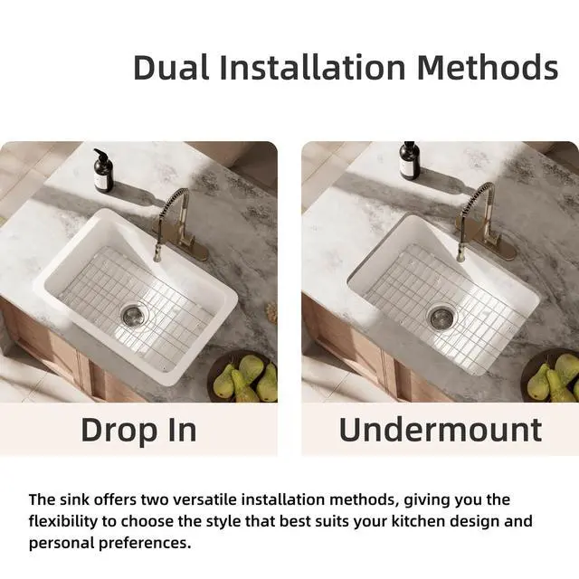 Alt view image 3 of 6 - 27 Inch Undermount Kitchen Sink White, 27L×19W Dual Mount Single Bowl Fireclay Kitchen Sinks With Grid And Strainer Drain