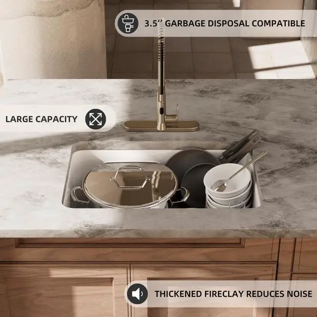 Alt view image 4 of 6 - 27 Inch Undermount Kitchen Sink White, 27L×19W Dual Mount Single Bowl Fireclay Kitchen Sinks With Grid And Strainer Drain