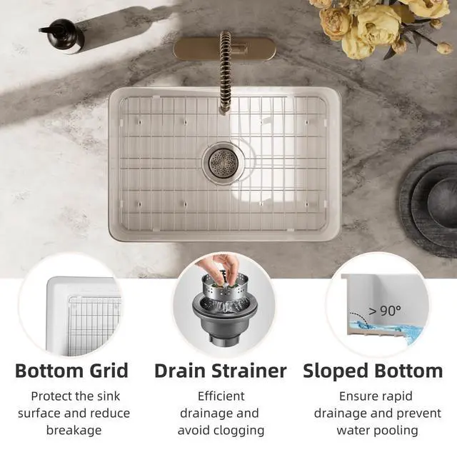 Alt view image 6 of 6 - 27 Inch Undermount Kitchen Sink White, 27L×19W Dual Mount Single Bowl Fireclay Kitchen Sinks With Grid And Strainer Drain
