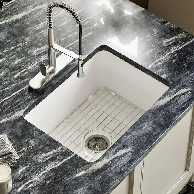 Main image of 24 Inch Undermount White Kitchen Sink, 24L×19W Small Single Bowl Fireclay Sinks, 10 Inch Deep Outdoor White Sink with Grid and Drain Strainer