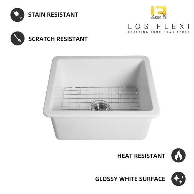Alt view image 2 of 6 - 24 Inch Undermount White Kitchen Sink, 24L×19W Small Single Bowl Fireclay Sinks, 10 Inch Deep Outdoor White Sink with Grid and Drain Strainer