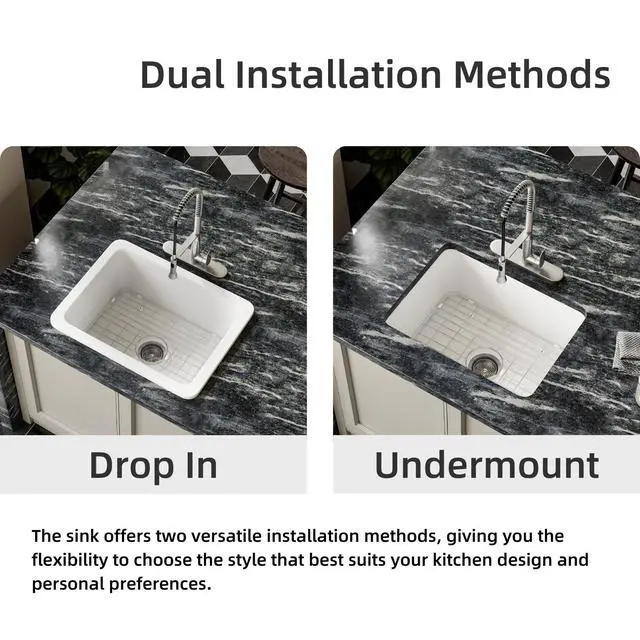Alt view image 3 of 6 - 24 Inch Undermount White Kitchen Sink, 24L×19W Small Single Bowl Fireclay Sinks, 10 Inch Deep Outdoor White Sink with Grid and Drain Strainer