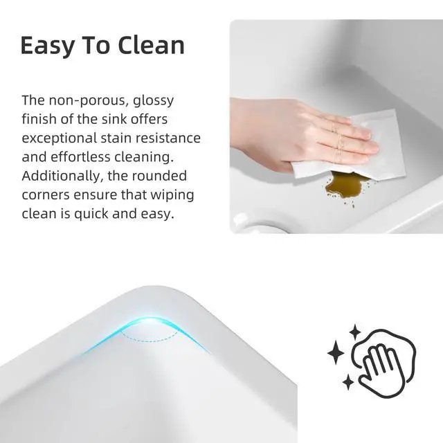 Alt view image 4 of 6 - 24 Inch Undermount White Kitchen Sink, 24L×19W Small Single Bowl Fireclay Sinks, 10 Inch Deep Outdoor White Sink with Grid and Drain Strainer