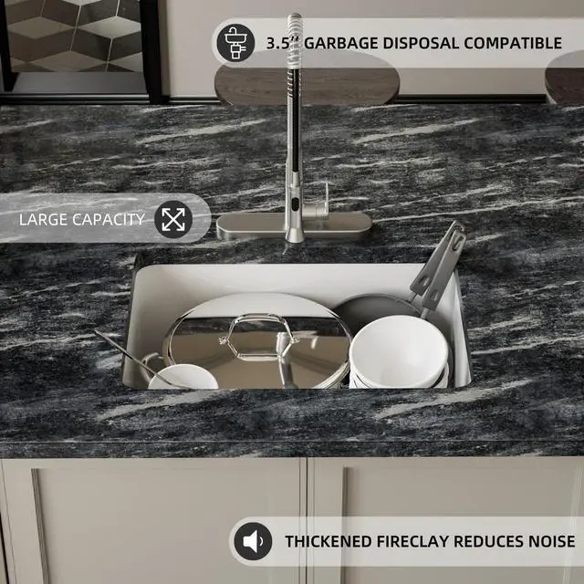 Alt view image 5 of 6 - 24 Inch Undermount White Kitchen Sink, 24L×19W Small Single Bowl Fireclay Sinks, 10 Inch Deep Outdoor White Sink with Grid and Drain Strainer