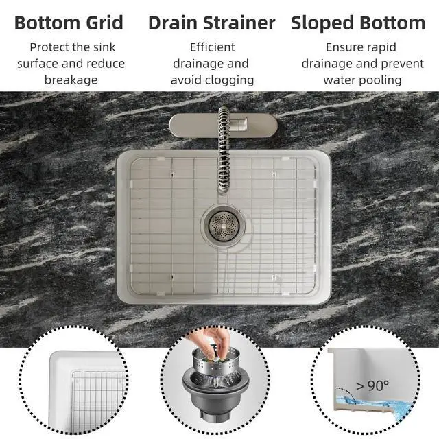 Alt view image 6 of 6 - 24 Inch Undermount White Kitchen Sink, 24L×19W Small Single Bowl Fireclay Sinks, 10 Inch Deep Outdoor White Sink with Grid and Drain Strainer