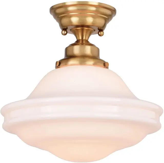 Main image of Huntley 12 inch Semi-Flush Ceiling Light, Farmhouse Style, Schoolhouse, White Milk Glass, Natural Brass Finish, Dimmable, E26 Bulb Compatible, Damp Rated