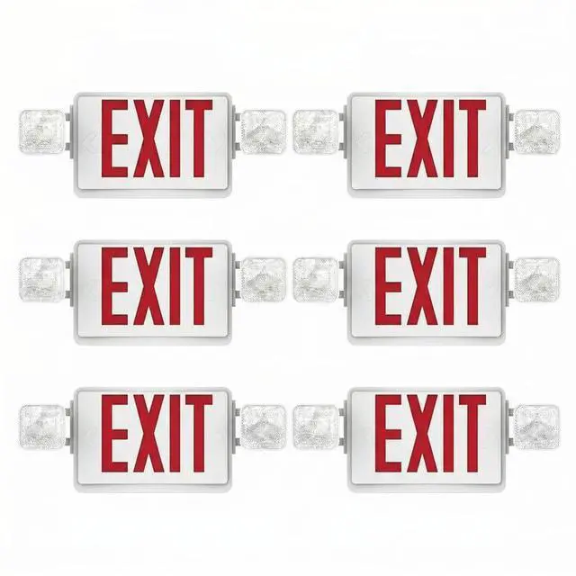 Main image of Pack 6 Double Sided LED Emergency Exit Sign with Dual Lights, Remote Capable, Backup Battery, Red Letters, Fire-Resistant (UL 94V-0), 120-277V Commercial Grade