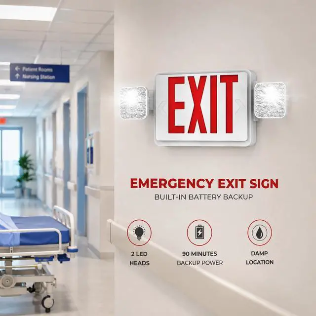 Alt view image 2 of 6 - Pack 6 Double Sided LED Emergency Exit Sign with Dual Lights, Remote Capable, Backup Battery, Red Letters, Fire-Resistant (UL 94V-0), 120-277V Commercial Grade