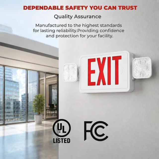 Alt view image 3 of 6 - Pack 6 Double Sided LED Emergency Exit Sign with Dual Lights, Remote Capable, Backup Battery, Red Letters, Fire-Resistant (UL 94V-0), 120-277V Commercial Grade