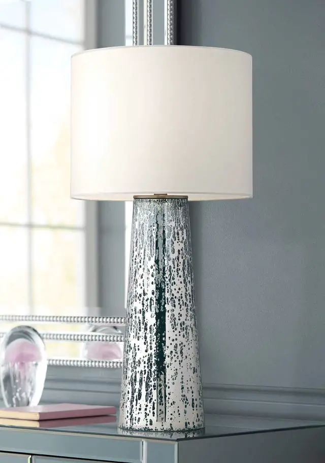 Alt view image 2 of 6 - Marcus Modern Coastal Table Lamp Hand-Applied 30" Tall Blue Mercury Glass Tapered Column White Drum Shade for Living Room Bedroom Beach House Bedside Home Office (Color May Vary)