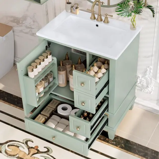 Main image of 24" Bathroom Vanity with Sink and Drawers, Freestanding Vanity Cabinet with Ceramic Top and Storage Shelves, MDF and Solid Wood Base, Modern Sink Cabinet for Small Bathrooms, Light Green
