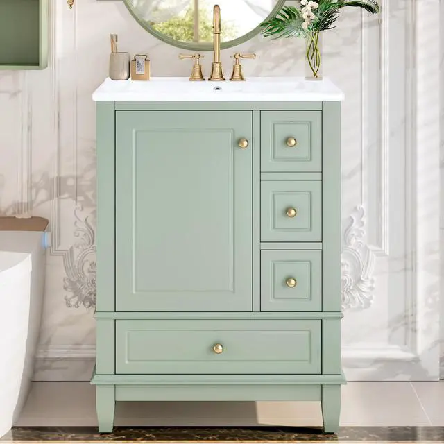 Alt view image 3 of 6 - 24" Bathroom Vanity with Sink and Drawers, Freestanding Vanity Cabinet with Ceramic Top and Storage Shelves, MDF and Solid Wood Base, Modern Sink Cabinet for Small Bathrooms, Light Green