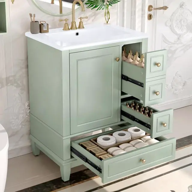 Alt view image 4 of 6 - 24" Bathroom Vanity with Sink and Drawers, Freestanding Vanity Cabinet with Ceramic Top and Storage Shelves, MDF and Solid Wood Base, Modern Sink Cabinet for Small Bathrooms, Light Green
