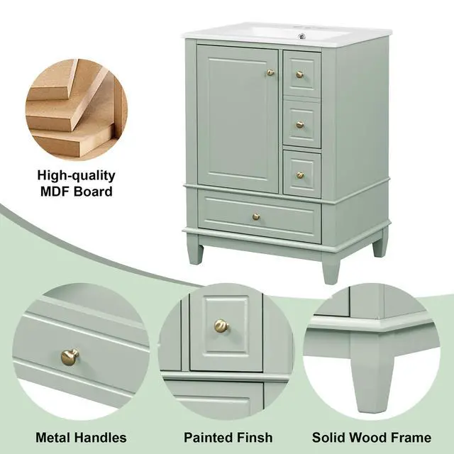 Alt view image 6 of 6 - 24" Bathroom Vanity with Sink and Drawers, Freestanding Vanity Cabinet with Ceramic Top and Storage Shelves, MDF and Solid Wood Base, Modern Sink Cabinet for Small Bathrooms, Light Green