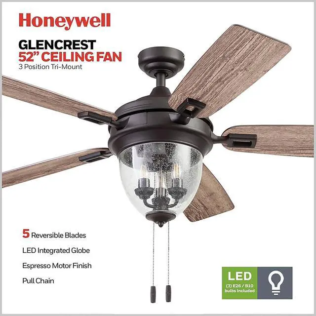 Alt view image 2 of 6 - Ceiling Fans Glencrest, 52 Inch Indoor Outdoor LED Ceiling Fan with Light, Pull Chain, Dual Mounting Options, ETL Damp Rated, Dual Finish Blades, Reversible Motor - 50615-01 (Bronze)